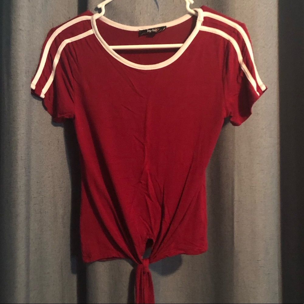 Red and white T with tie.